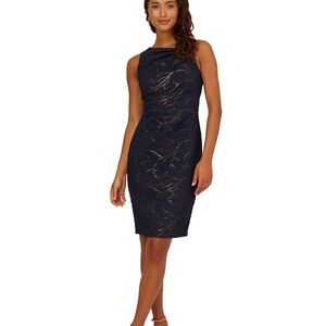 Adrianna Papell Metallic Navy Asymmetrical Shoulder Dress